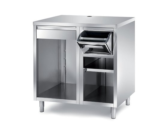 COFFEE MACHINE TABLES WITH COFFEE KNOCK BOX DRAWER, AND 2 OPEN CABINETS