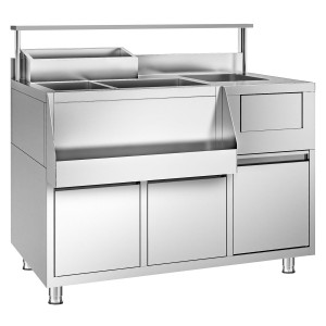 Commercial Stainless Steel Cocktail Prep Station – Right-hand sink - 2 drawers - Top 4 GN (23, 14, 16, 19) - Rail 1×16 + 2×19 - Bottle holder (2)