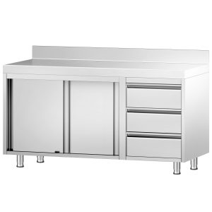 Stainless Steel Work Cabinet with Upstand + 3 Drawers Right PREMIUM  – Shelf load 73 kg